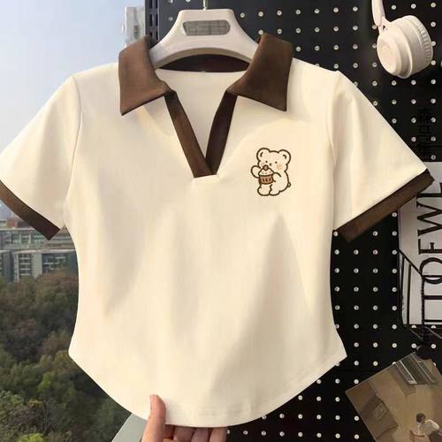中大童夏季新款POLO领上衣女童短袖T恤复古夏装修身舒适半袖上衣