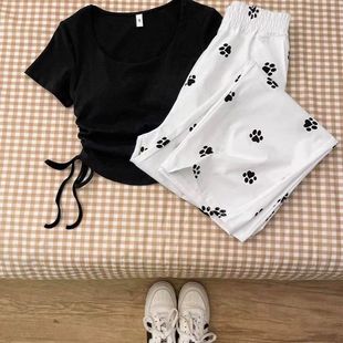 上衣女阔腿休闲长裤 韩系慵懒风套装 短袖 美式 两件套 甜辣妹抽绳潮款