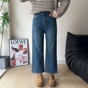 木木崧大码厚绒烟管牛仔裤女冬九分半松紧高腰弹力胖mm显瘦直筒裤