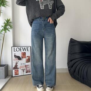 显瘦百搭高腰弹力胖mm阔腿牛仔裤 平口袋蓝色女长裤 春款 木木崧大码