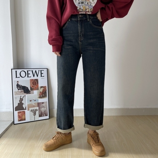 加绒男友裤 九分牛仔裤 女冬季 高腰弹力宽松显瘦胖mm老爹裤 新款 大码