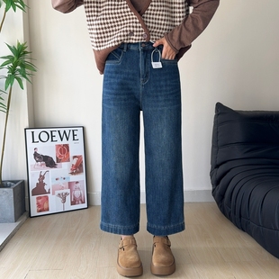 木木崧大码密密绒九分阔腿直筒牛仔裤女冬松紧高腰胖mm厚绒奶奶裤