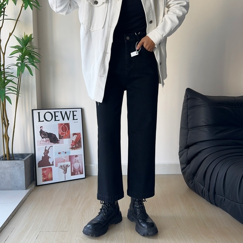 木木崧大码薄绒长九分直筒牛仔裤女冬高腰弹力胖mm植绒显瘦烟管裤