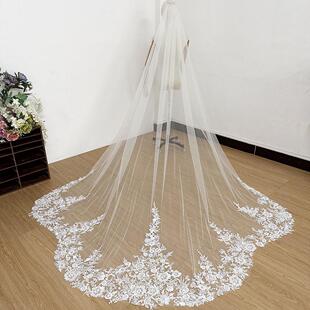 新娘结婚重工钉珠亮片蕾丝头纱高级感扇形长拖尾主婚纱拍照头饰