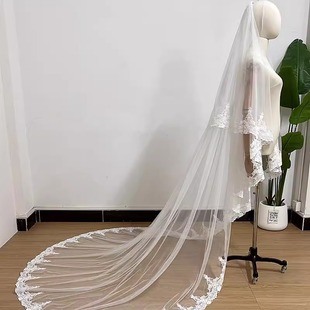 复古新款 拖尾头纱新娘领证头饰旅拍写真柔软 蕾丝双层带遮面长款