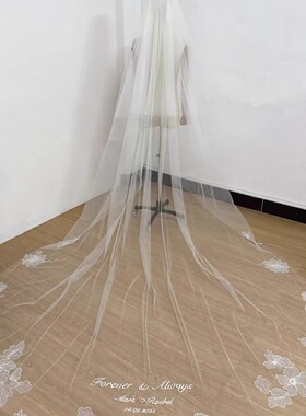 新娘婚礼写真拍摄薄蕾丝大花头饰淡米色硬纱定制绣字名字日期头纱