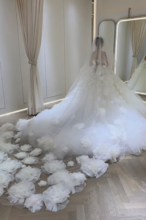 新款韩式新娘梦幻公主长拖尾头纱森系立体花朵仙女头饰摄影拍照