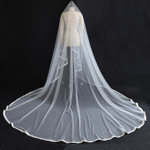 韩式新娘结婚长拖尾4米头纱简约森系缎面宽边婚纱头饰影楼拍照