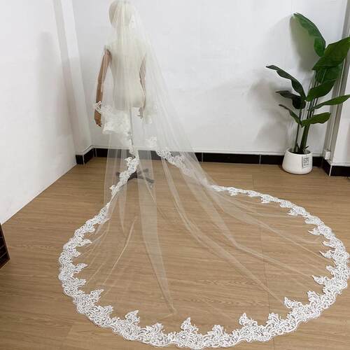 主婚新娘结婚大教堂拖地复古高清头纱刺绣蕾丝头饰影楼拍照道具