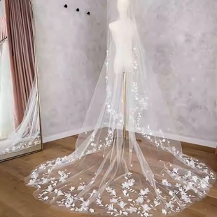 新娘长款拖地头纱超仙叶子花瓣立体花头纱重工主婚纱头饰单层发梳