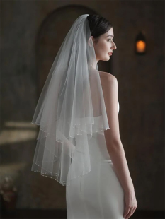 双层造型纱发梳轻奢新娘结婚头饰 韩式 新款 手工缝制绣珠头纱短款