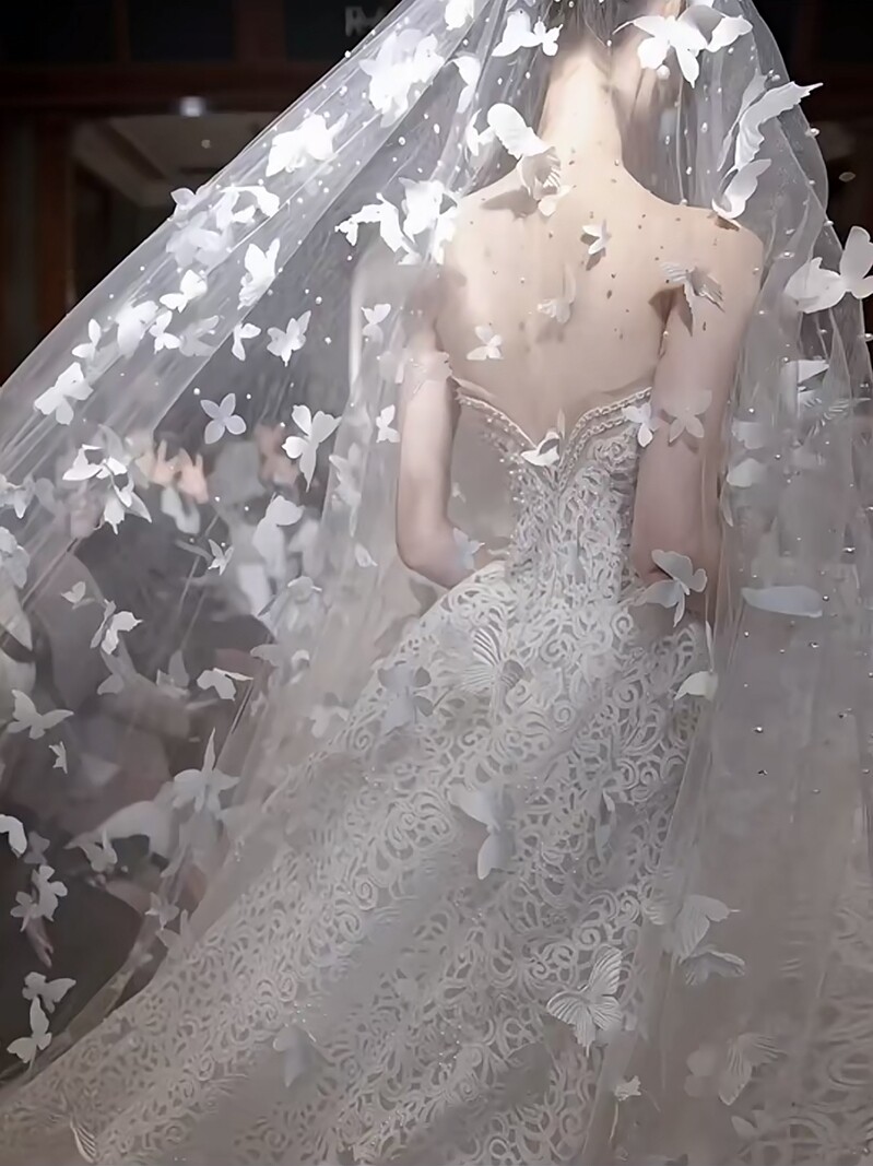 新娘结婚梦幻超仙森系头纱立体蝴蝶珍珠华丽主婚纱拖尾拍照头饰