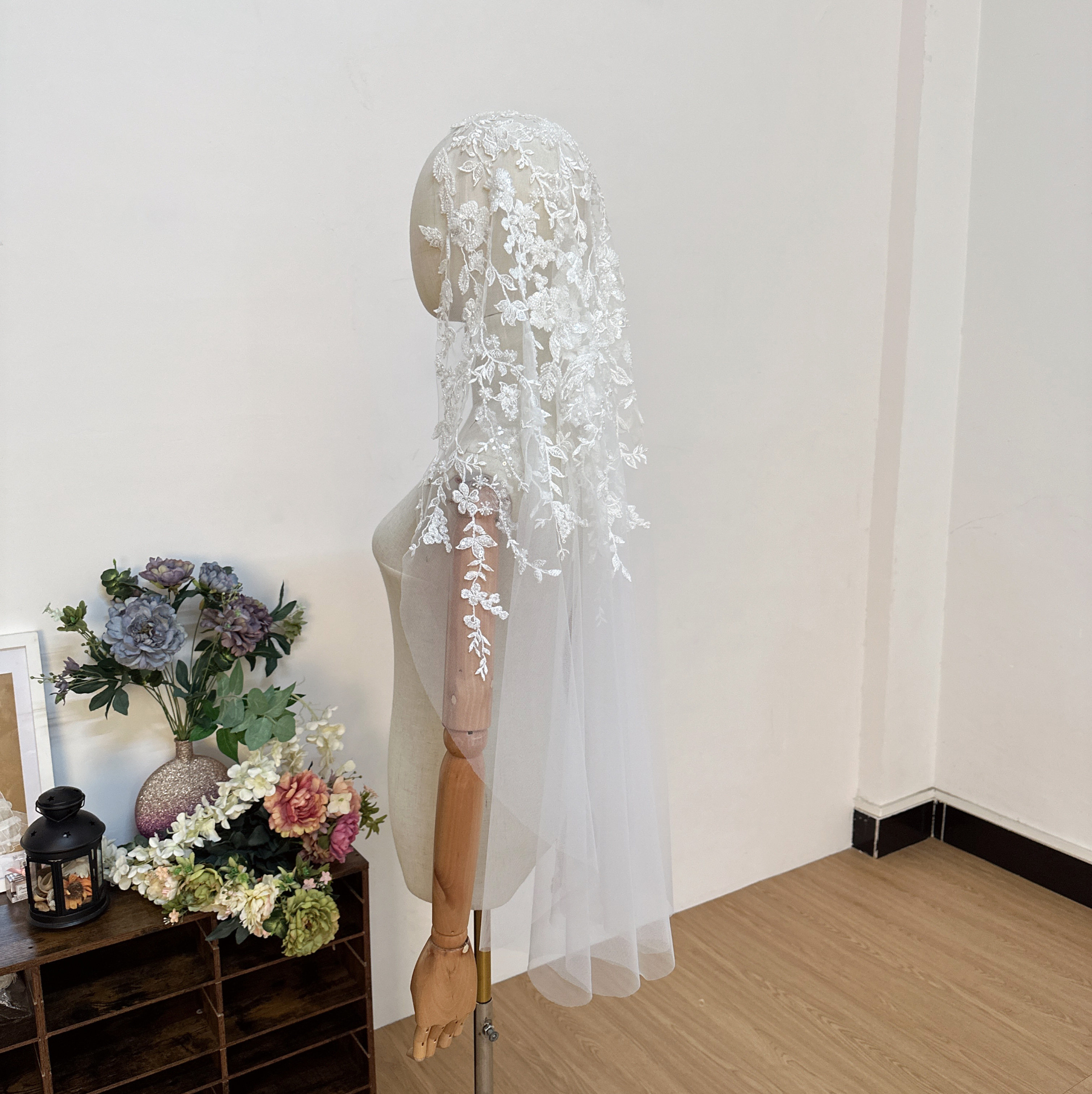 新娘结婚阿拉伯风格头巾珍珠亮片叶子蕾丝单层教堂头纱婚纱头饰