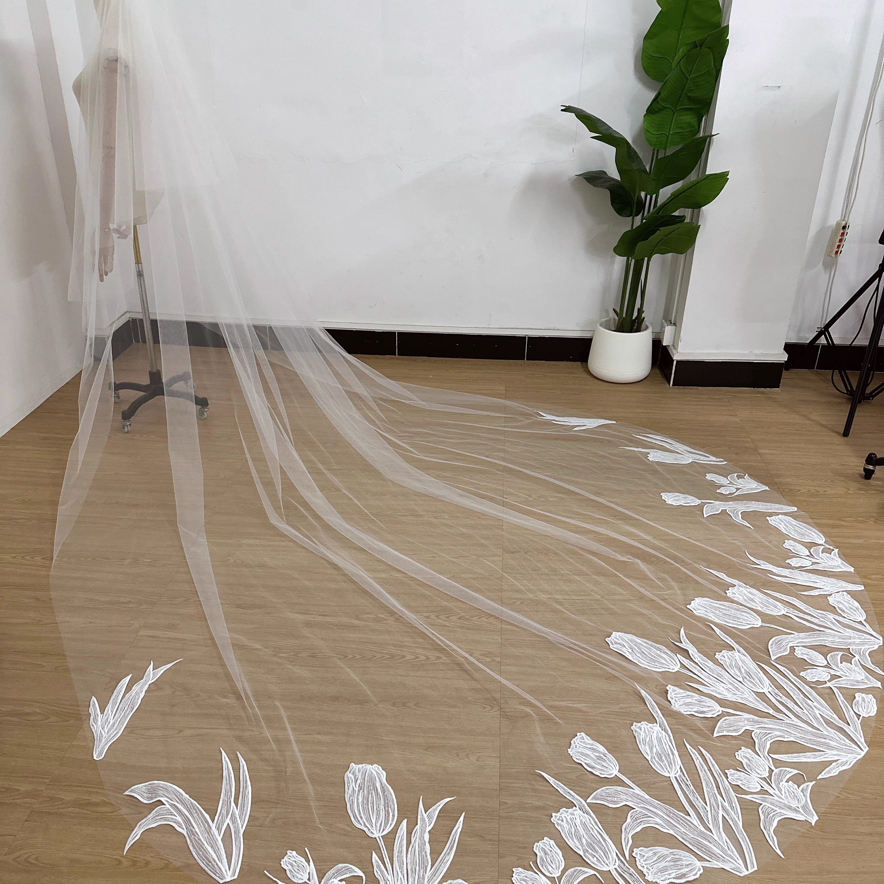 新娘婚礼郁金香花朵亮片高级蕾丝头纱拍照道具文艺复古主题造型