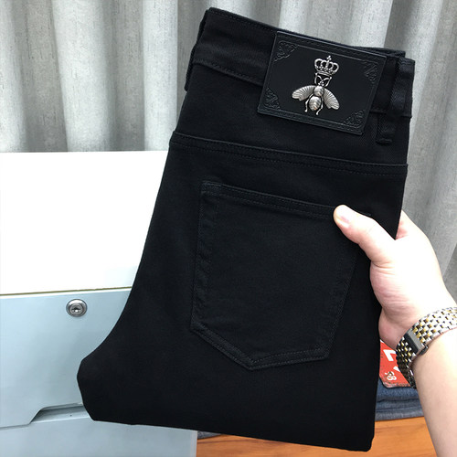 小蜜蜂高端夏季黑色牛仔裤男弹力修身小脚长裤大码宽松直筒薄款