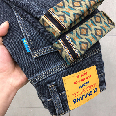 保暖加绒牛仔裤男厚款印花高端抓绒修身小脚九分裤冬季厚款古士狼