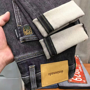 冬季加绒牛仔裤男款保暖薄绒新款烟灰色复古修身小脚磨毛九分裤