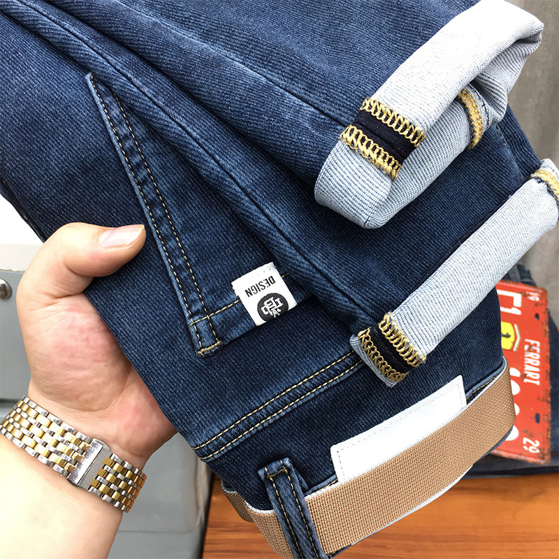 高品质高端牛仔裤男秋季百搭潮流蓝色弹力修身小脚印花长裤动力牛