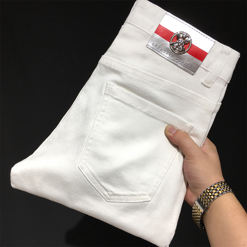 加绒白色牛仔裤男秋冬款韩版百搭弹力修身显瘦小脚休闲长裤古士狼