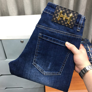 高端潮流休闲时尚 2021夏季 小脚蓝色牛仔长裤 修身 百搭 薄款