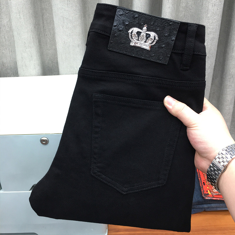 高端黑色牛仔长裤男夏季薄款修身小脚九分裤纯黑色大码宽松直筒裤