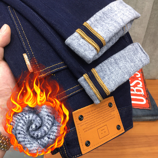 休闲磨毛长裤 保暖深蓝色抓绒弹力修身 男冬季 不褪色加绒牛仔长裤