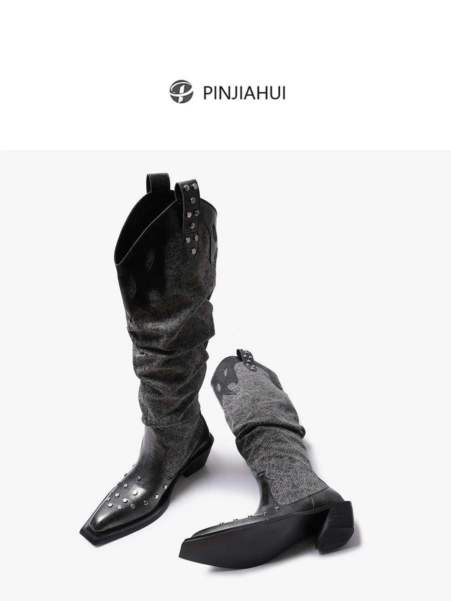 핫 스탬프 가죽 세척 카우보이 부츠 슬리밍 복고풍 포인티드 리벳 창고 부츠 웨스턴 무릎 높이 두꺼운 힐 부츠