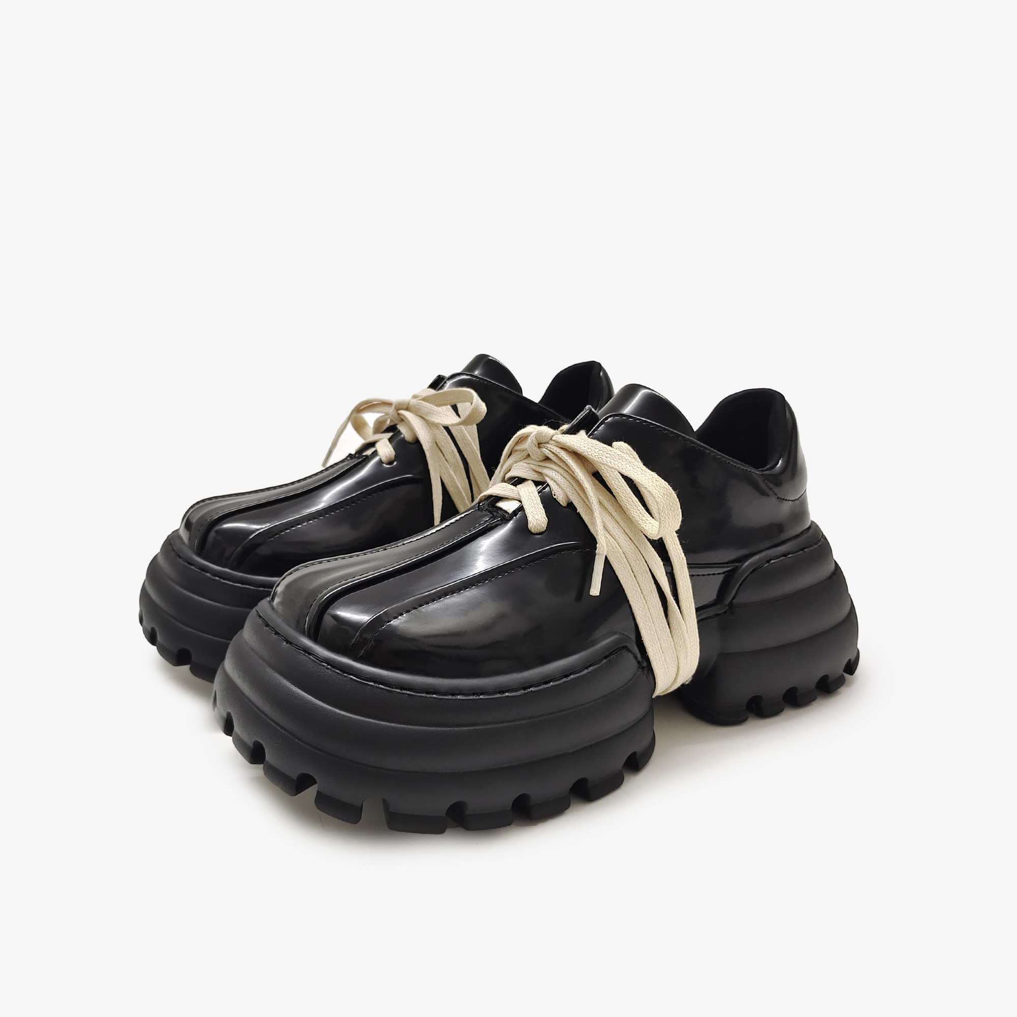 pinjiahui小众款厚底小皮鞋女工装感方头真皮单鞋复古绑带松糕鞋