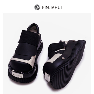 真皮原宿厚底鞋 原创设计感大头鞋 金属朋克风y2k辣妹亚文化松糕鞋