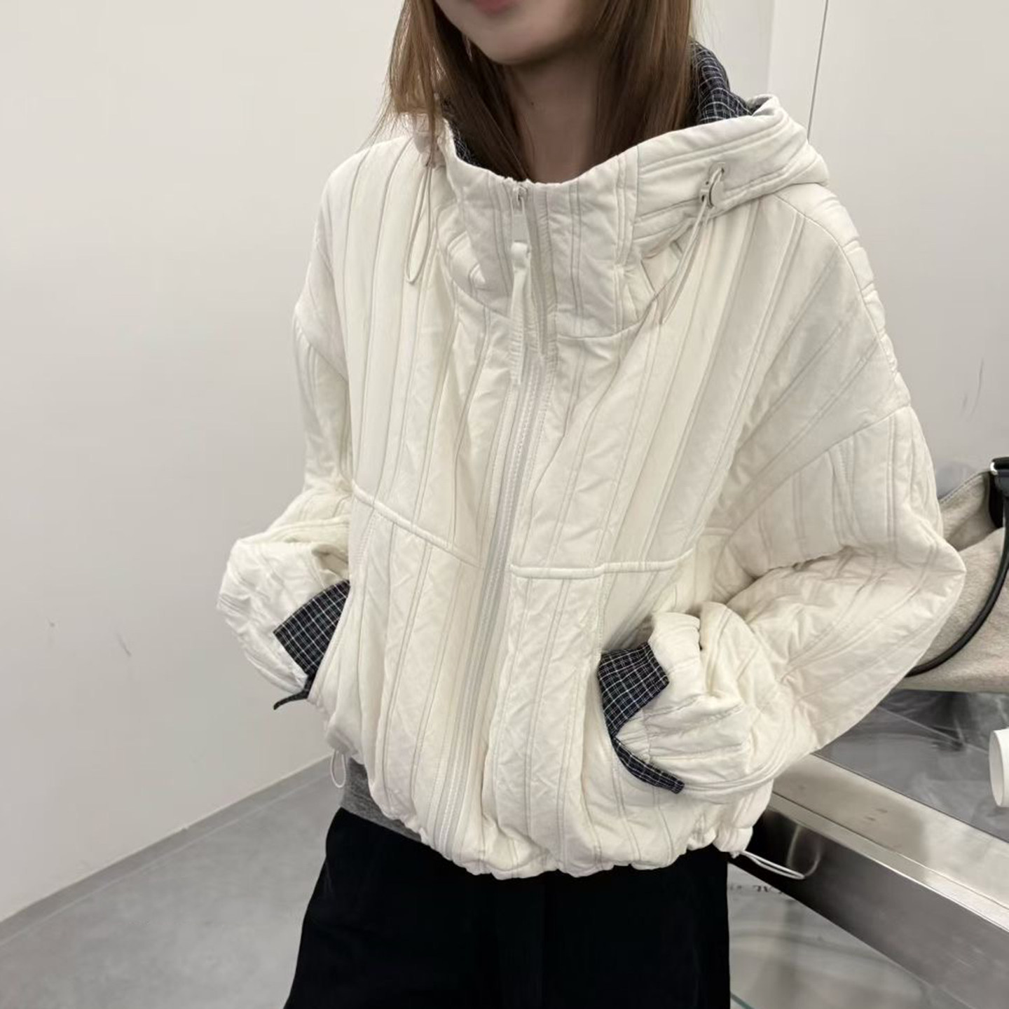 2025秋冬新韩版宽松休闲百搭连帽棉衣外套女短款拼接薄款棉服上衣