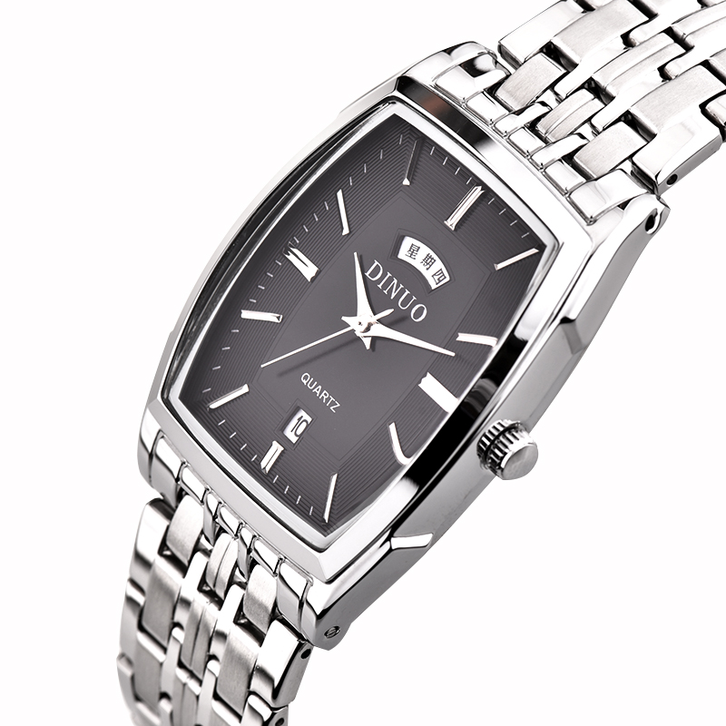 正品谛诺手表 男士时尚休闲超薄防水石英表 长方形商务双历男表