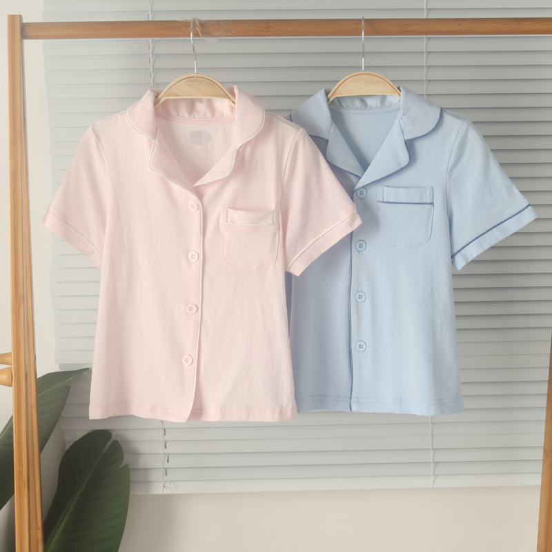 男女孩儿童弹力纯棉开衫短袖家居服睡衣上衣薄款透气夏童装半袖