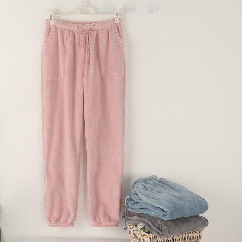 女士柔软珊瑚绒高腰款带口袋家居裤睡裤长裤裤子收口式保暖秋冬
