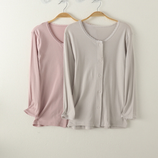 家居服睡衣上衣春秋全棉透气打底衫 外贸女纯棉薄款 圆领开身长袖