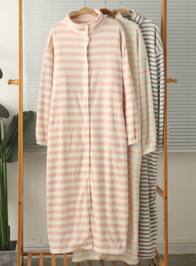 外贸女珊瑚绒法兰绒立领长袖长款睡裙到脚踝睡袍大袍子保暖冬大码