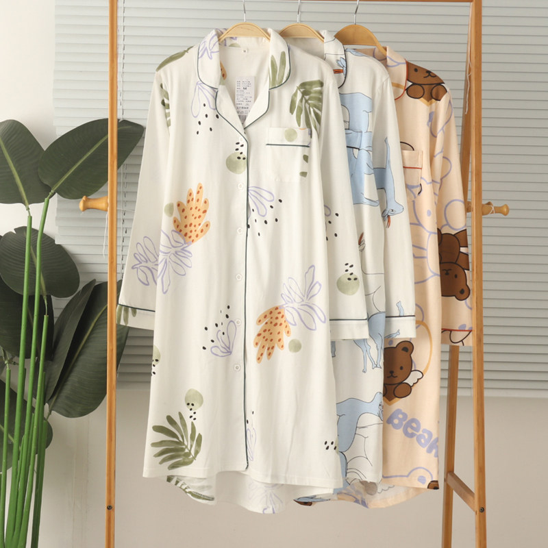 女纯棉薄款开身长袖家居服睡裙睡袍裙子睡衣春夏空调房