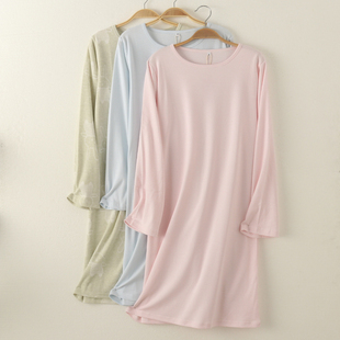 外贸女士针织纯棉圆领清新长袖 家居服睡裙睡袍裙子春秋全棉大码