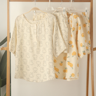 睡衣家居服套装 女士纯棉双层纱布绉棉圆领开衫 短裤 短袖 夏透气 款