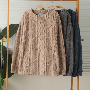 男加厚珊瑚绒双面绒圆领长袖 家居服睡衣上衣保暖冬大码