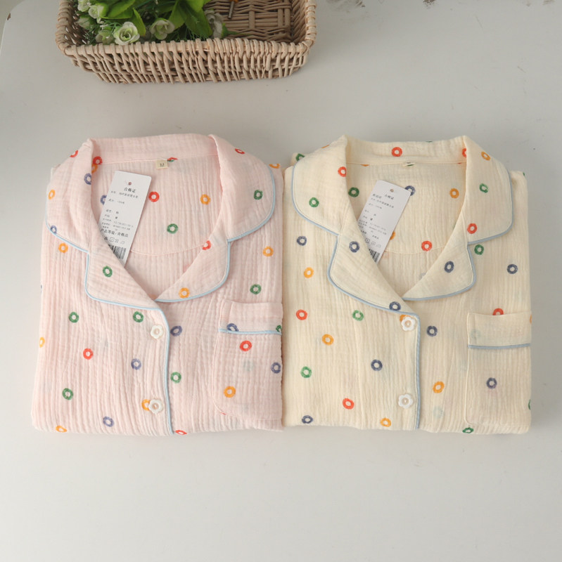 特价女纯棉双层纱布绉棉开身长袖长裤睡衣家居服套装春夏透气