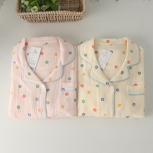 睡衣家居服套装 长裤 春夏透气 女纯棉双层纱布绉棉开身长袖 特价