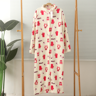 特价女加厚珊瑚绒立领护颈开身长袖长款睡裙睡袍家居服保暖冬大码
