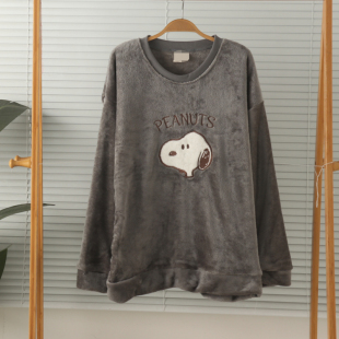 外贸女士加厚法兰绒珊瑚绒可爱圆领长袖家居服睡衣上衣保暖秋冬