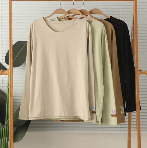 女纯棉圆领长袖家居服上衣睡衣春