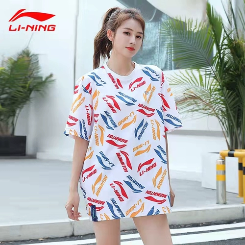 Li Ning, летняя дышащая хлопковая быстросохнущая футболка подходит для мужчин и женщин для влюбленных, короткий рукав, круглый воротник