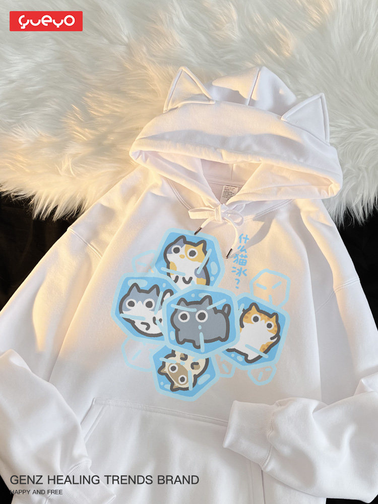 YUEYOU WHAT CAT ICE 2024 가을 고양이 귀 유니섹스 풀오버 프린트 스웨터 남성용 귀여운 일본 루즈 탑