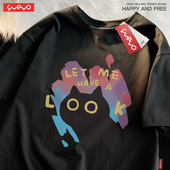 黑猫潮流原创纯棉短袖 悦游 让我瞅瞅 t恤男百搭圆领宽松可爱