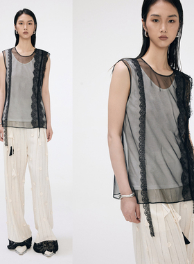 Profi11 Zero2025夏秋蕾丝网纱透视两件小众女背心设计师品牌