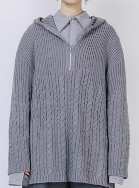 profi11zero拉链连帽灰麻花设计感男女同款羊毛混纺阔型针织毛衣
