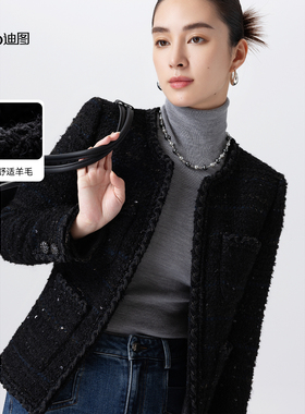 Ditto/迪图小香风粗花呢短外套女气质黑色毛边设计感廓形外套